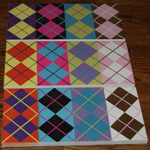 An image of a 3 paintings of argyle patterns